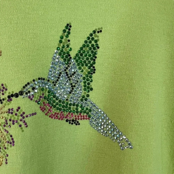 Aces Design Hummingbird Rhinestone Studded T Shirt Plus XXL Lime Green Knit Top - Picture 6 of 9